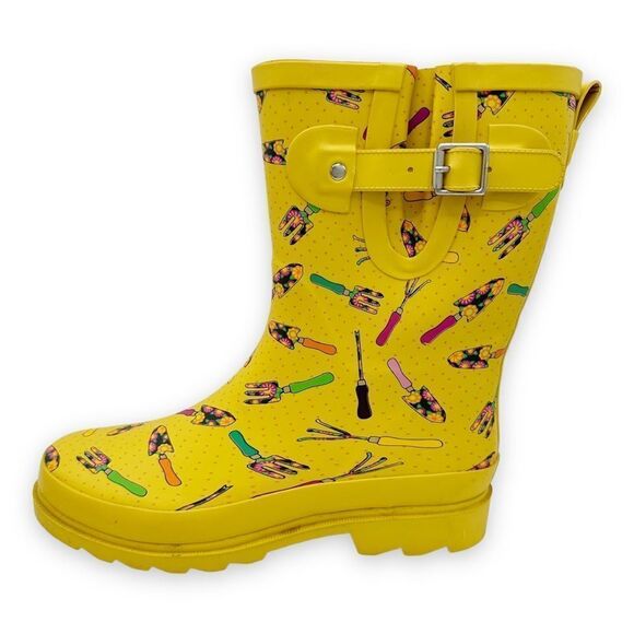 Western Chief Yellow In the Garden Print Mid-Calf Rubber Rain Boots Sz 8 - Picture 1 of 14